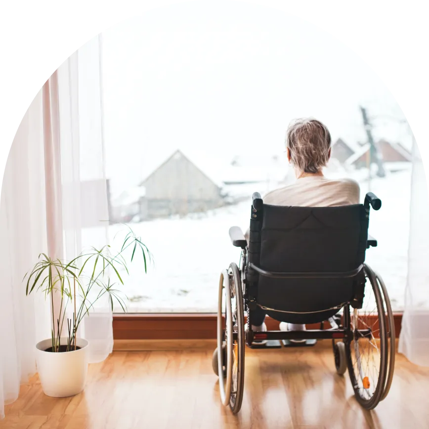 a person in a wheelchair looking out a window