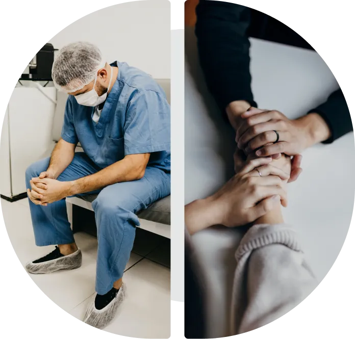 a man in scrubs and a woman in scrubs sitting on a hospital bed