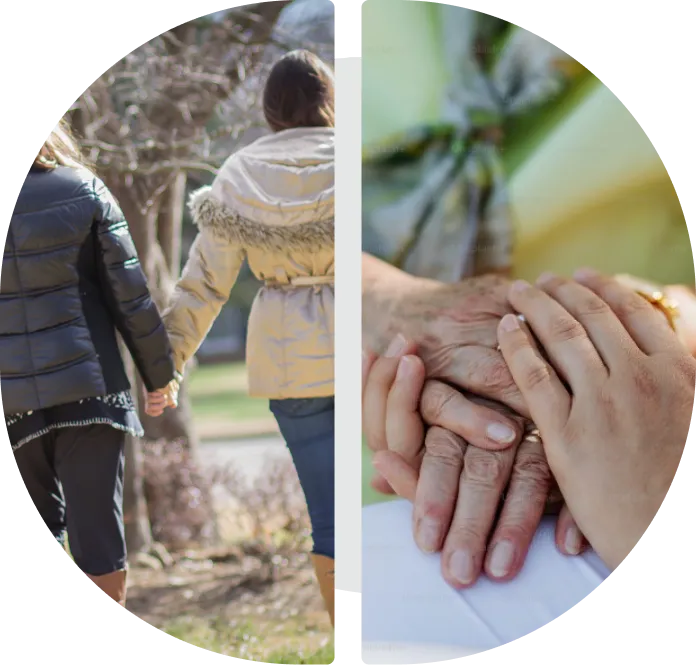 a mother and daughter holding hands walking down a path